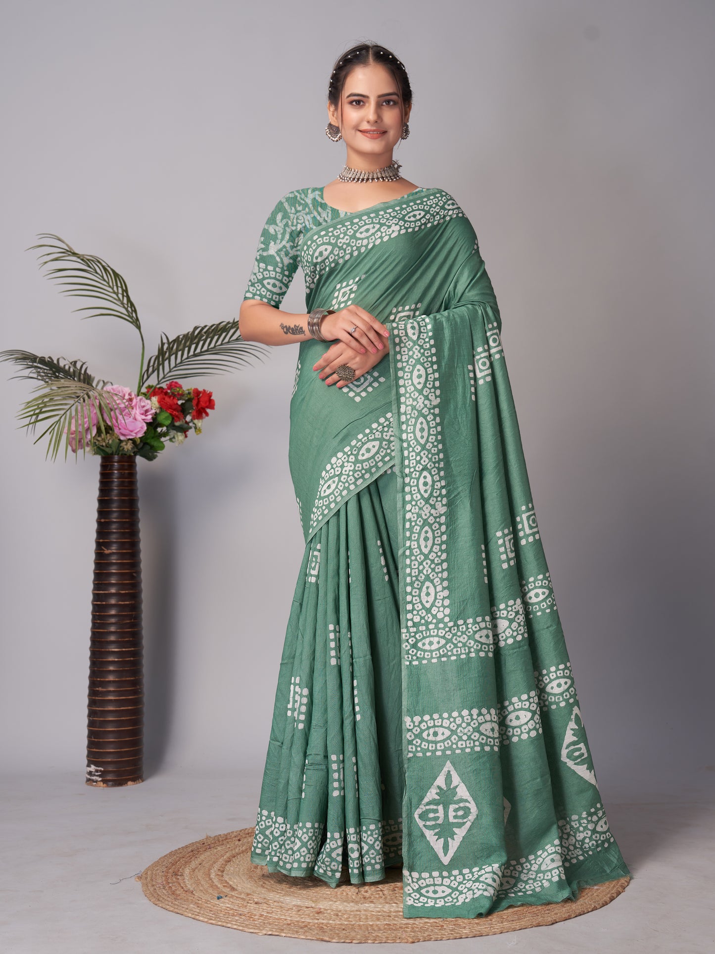 Saree – Soft Cotton Batik Print Box Green - B9