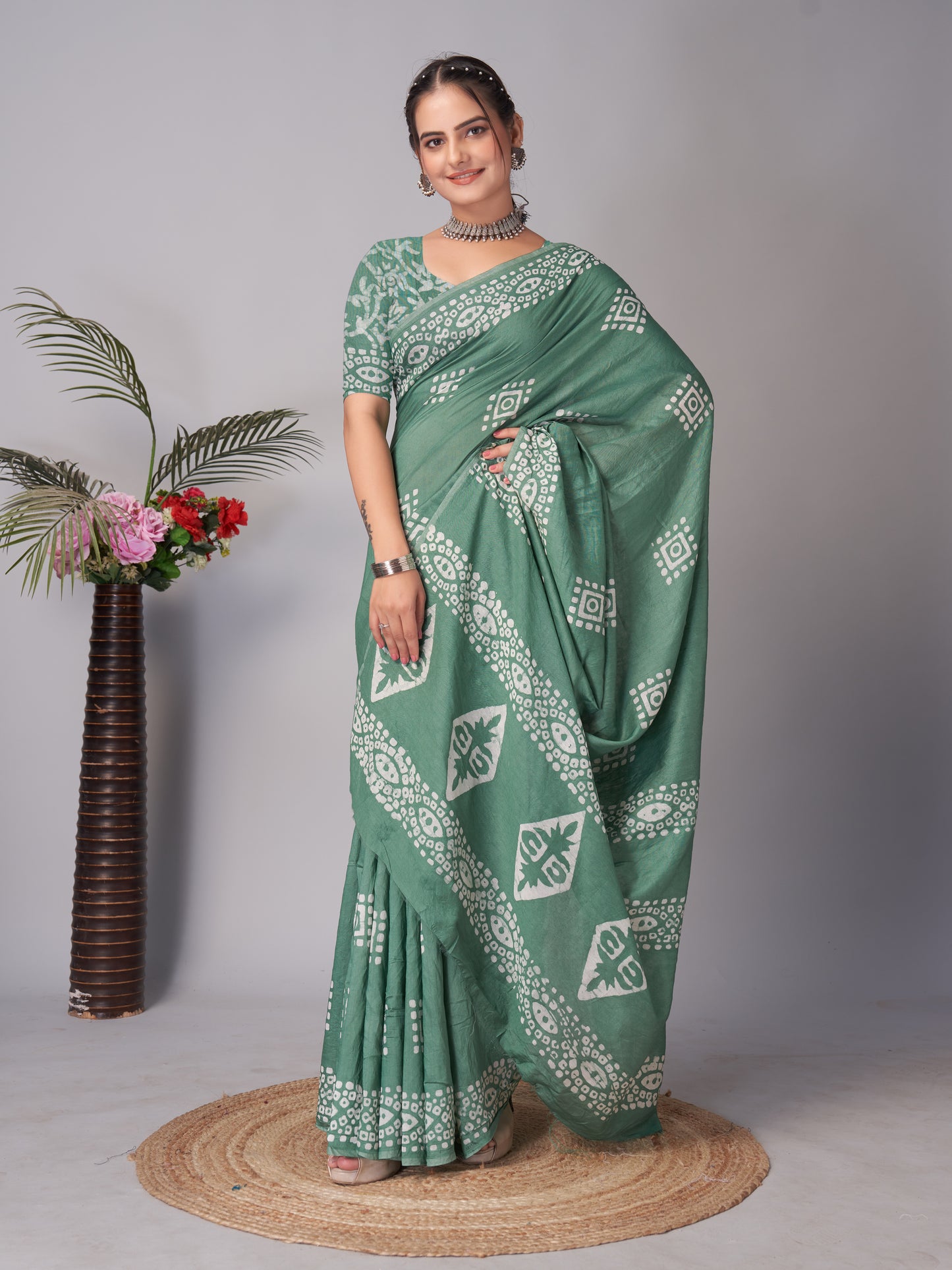 Saree – Soft Cotton Batik Print Box Green - B9