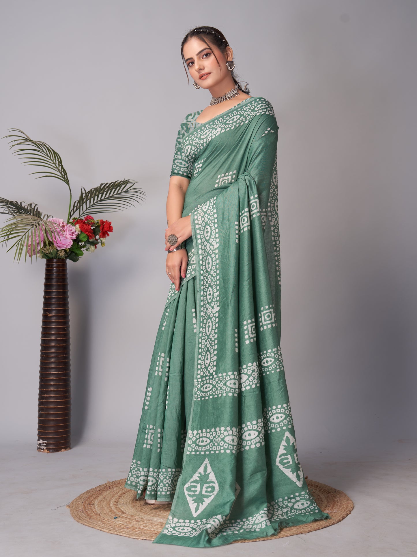 Saree – Soft Cotton Batik Print Box Green - B9