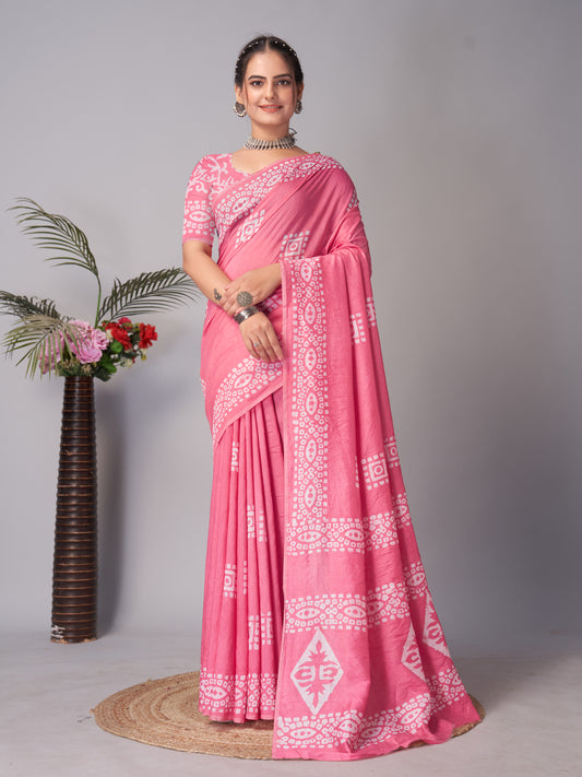 Saree – Soft Cotton Batik Print Box Pink - B8