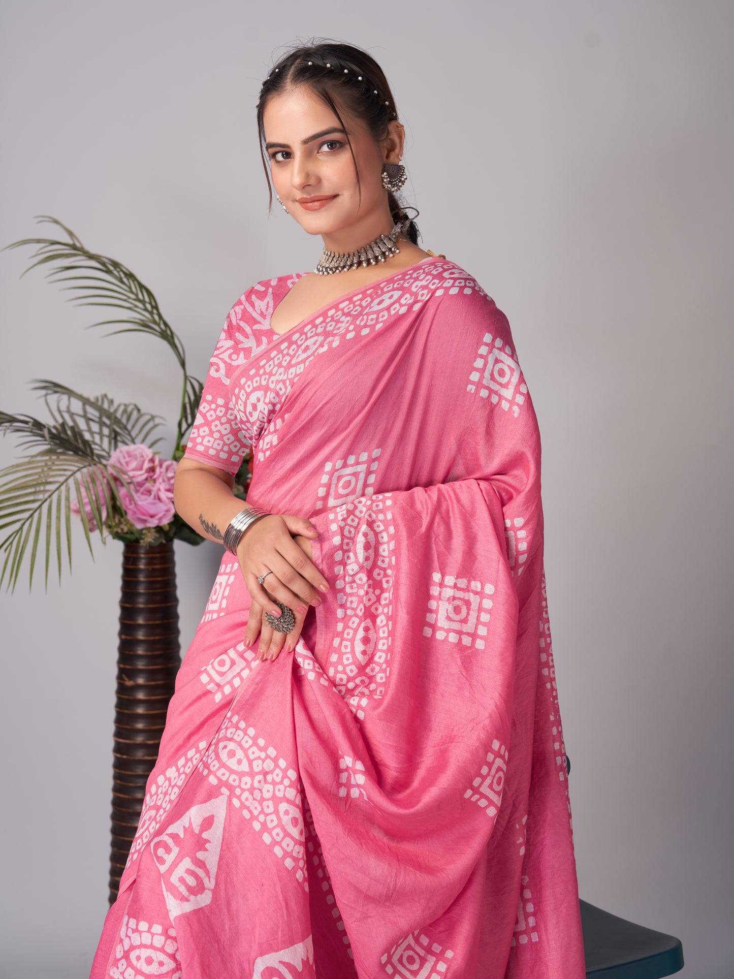 Saree – Soft Cotton Batik Print Box Pink - B8