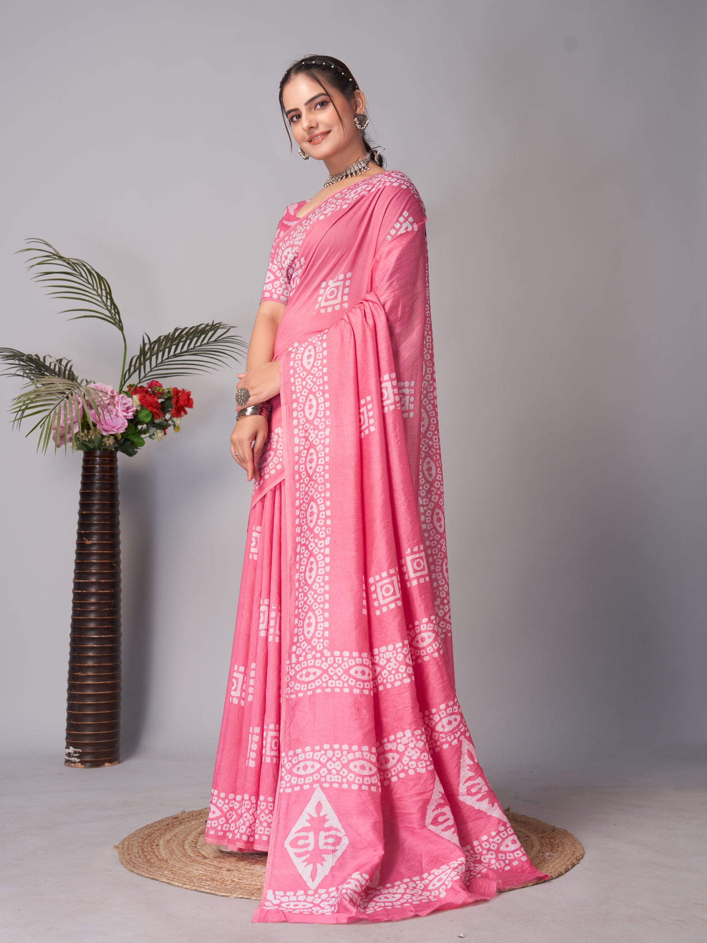 Saree – Soft Cotton Batik Print Box Pink - B8