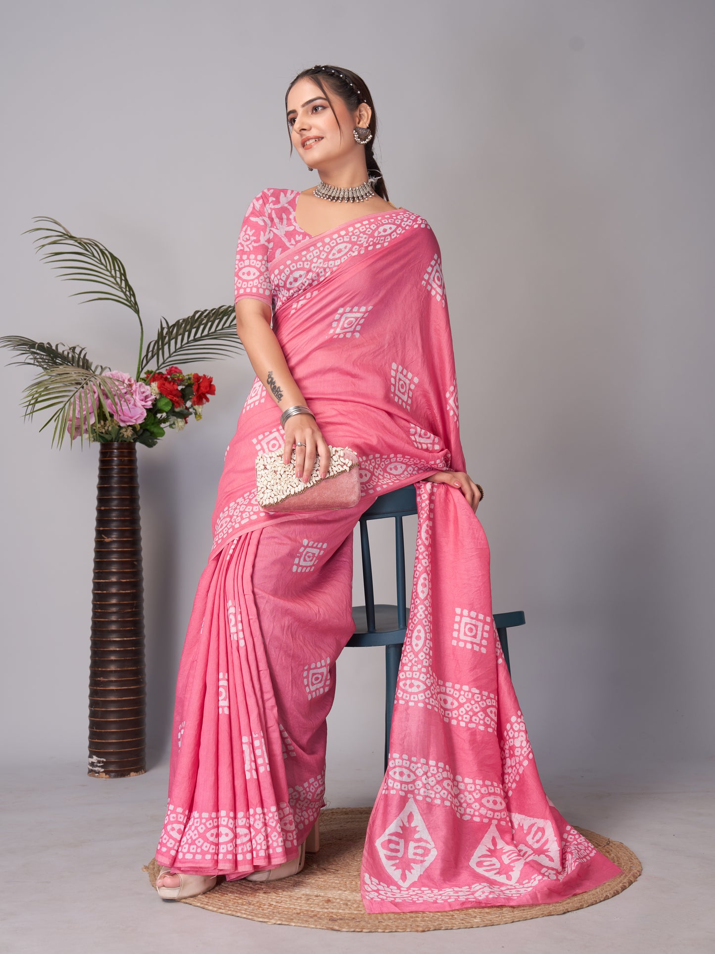 Saree – Soft Cotton Batik Print Box Pink - B8