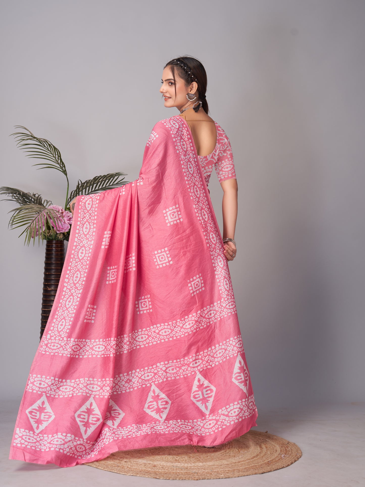 Saree – Soft Cotton Batik Print Box Pink - B8
