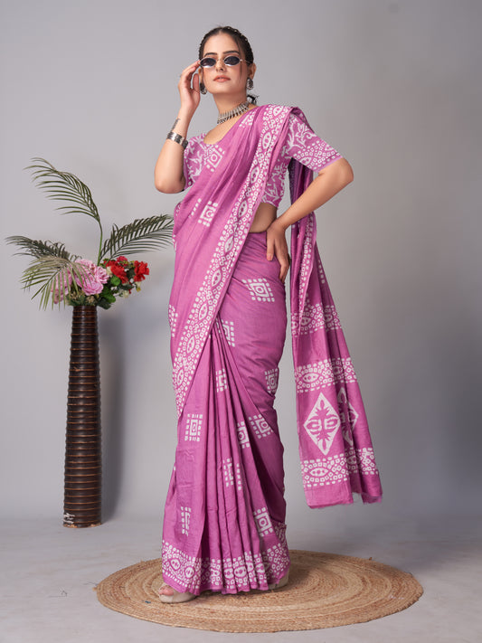 Saree – Soft Cotton Batik Print Box Wine - B6
