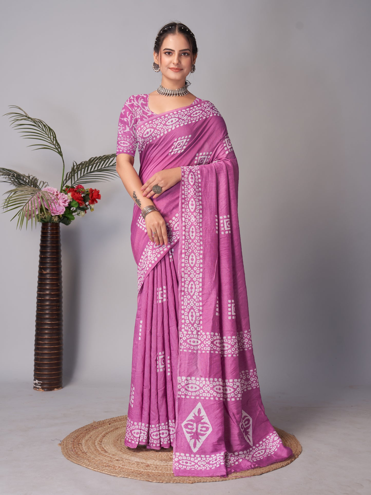 Saree – Soft Cotton Batik Print Box Wine - B6