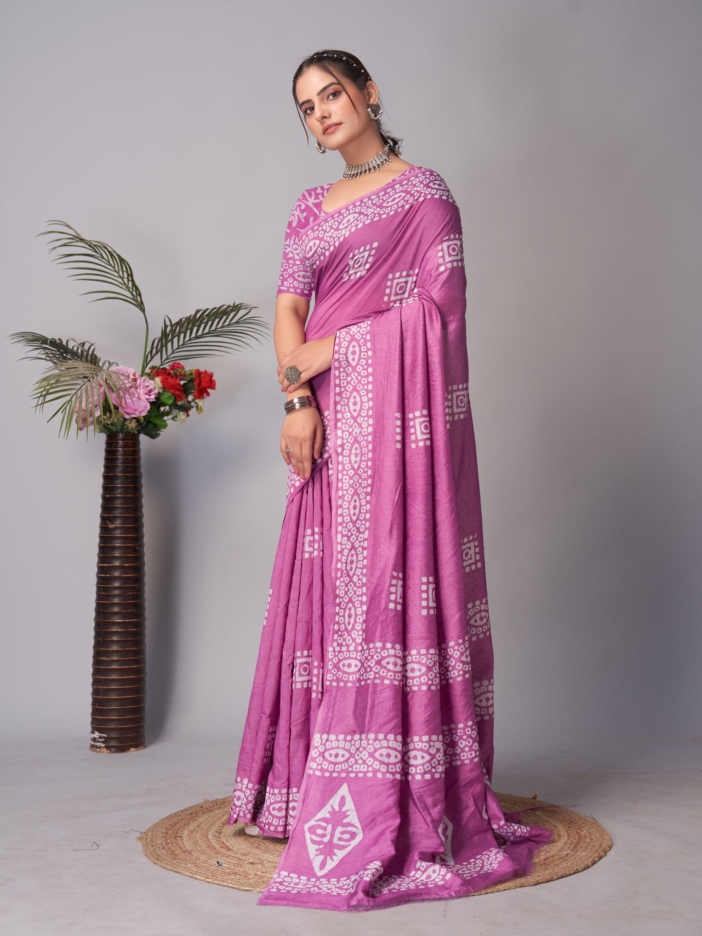 Saree – Soft Cotton Batik Print Box Wine - B6