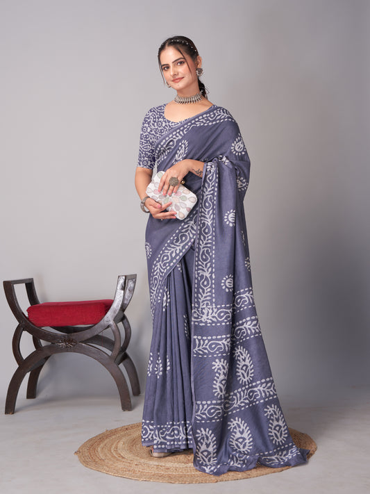 Saree – Soft Cotton Batik Print Mango Grey - B5