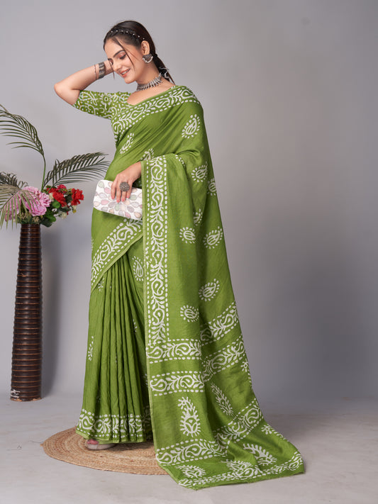 Saree – Soft Cotton Batik Print Mango Green - B4