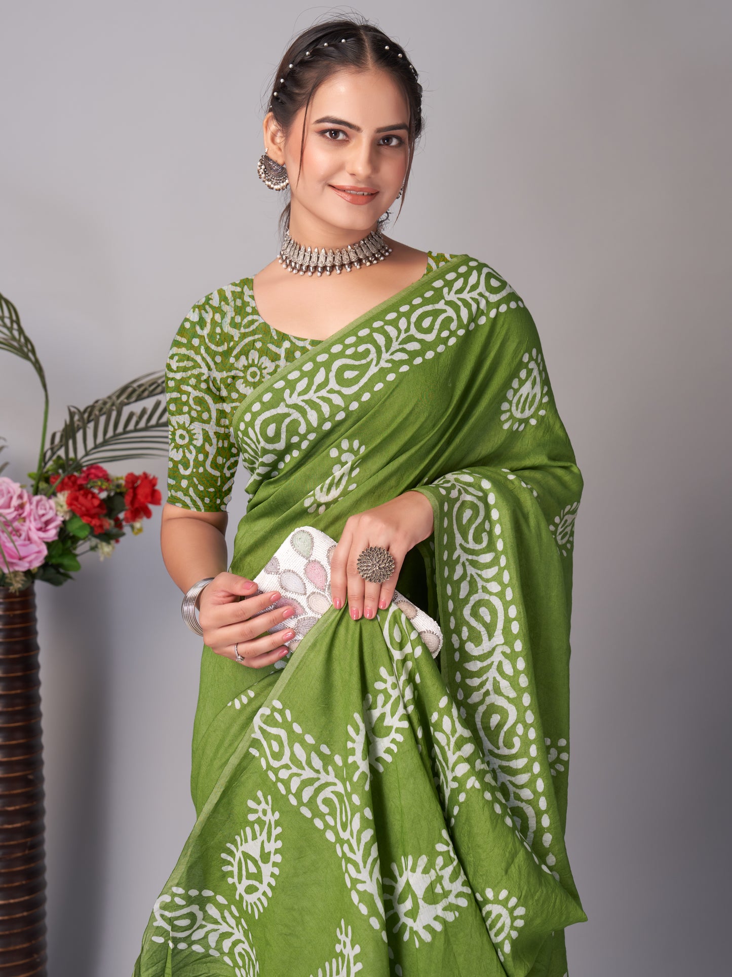 Saree – Soft Cotton Batik Print Mango Green - B4