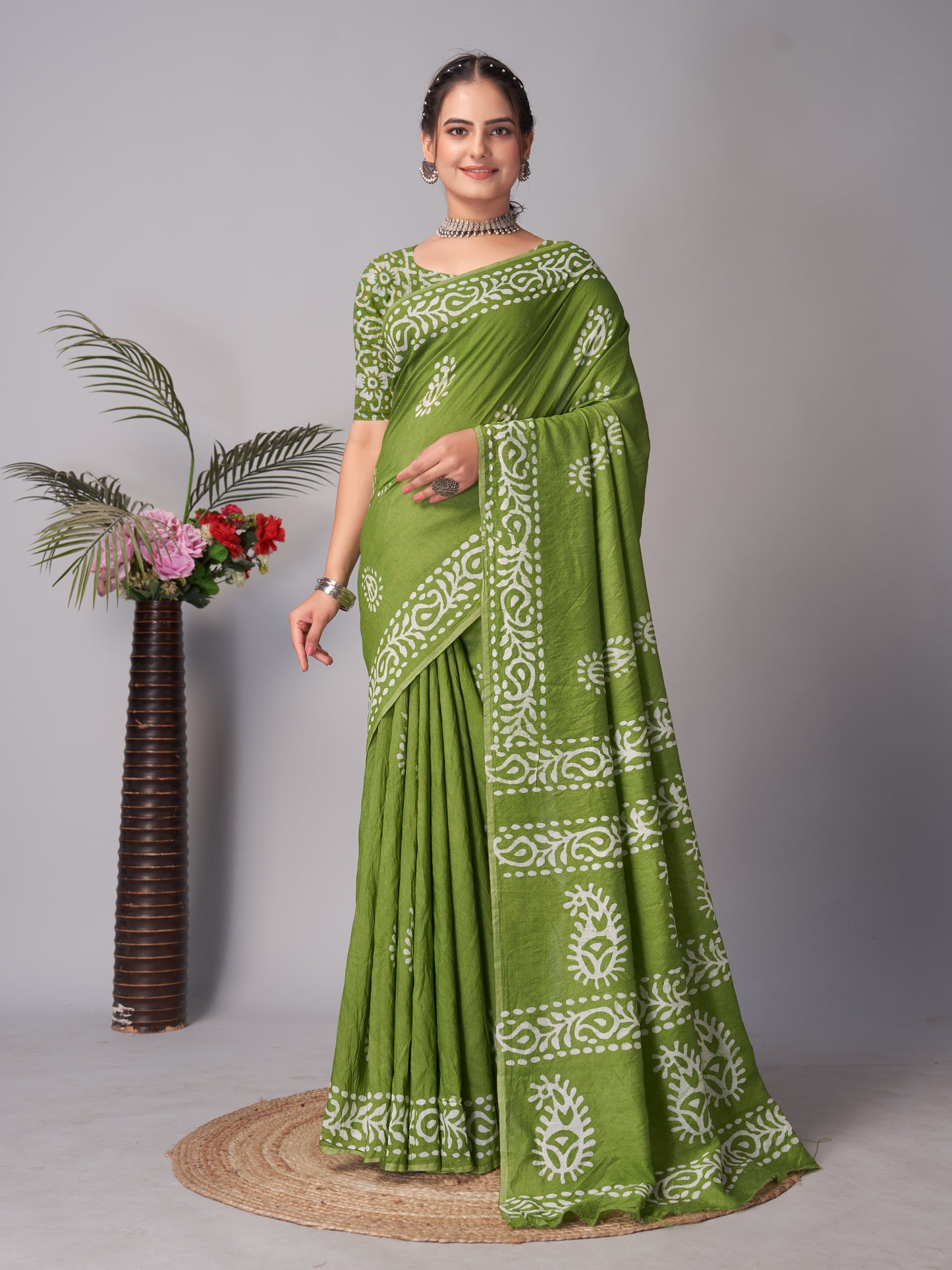 Saree – Soft Cotton Batik Print Mango Green - B4