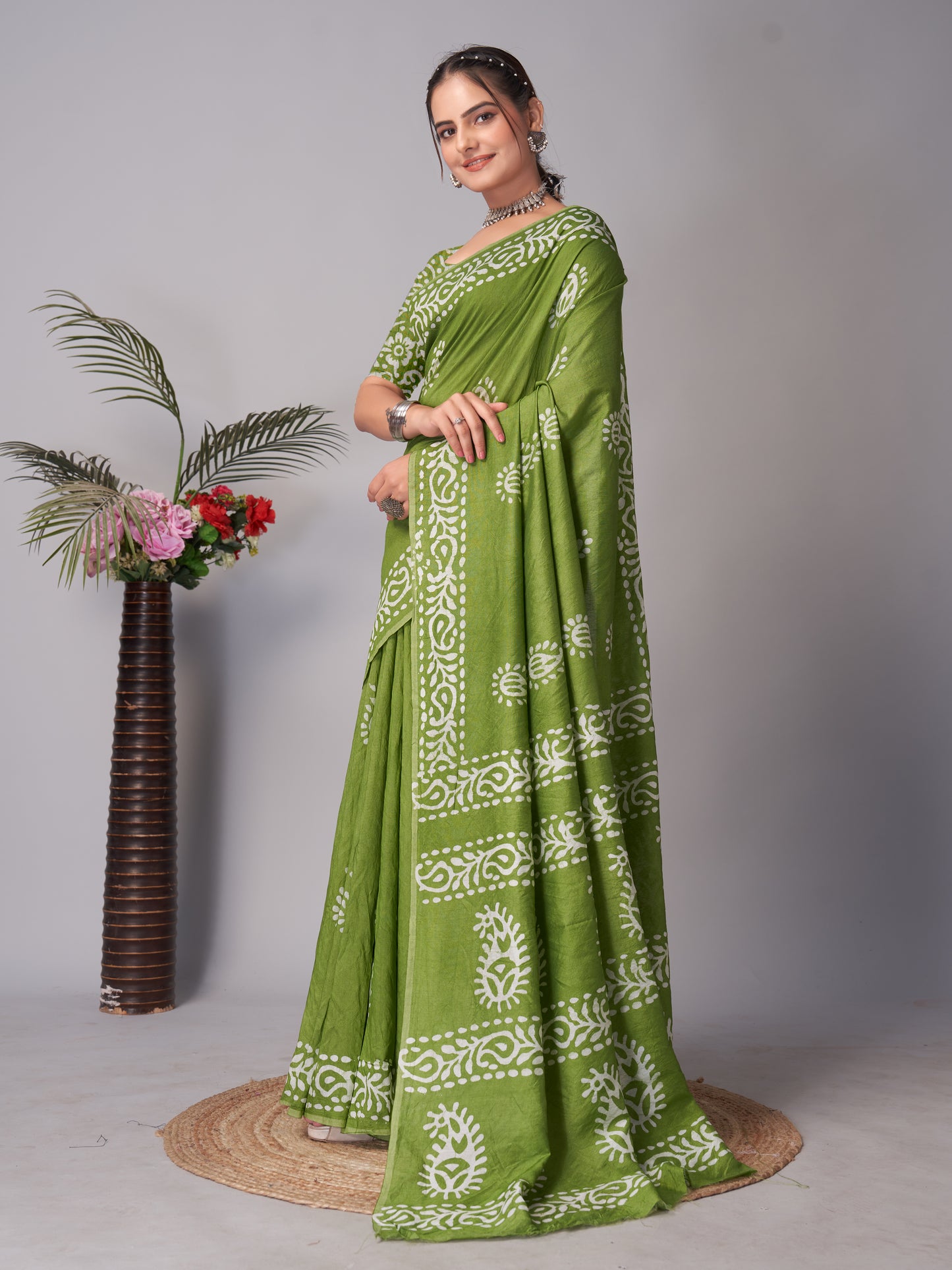 Saree – Soft Cotton Batik Print Mango Green - B4