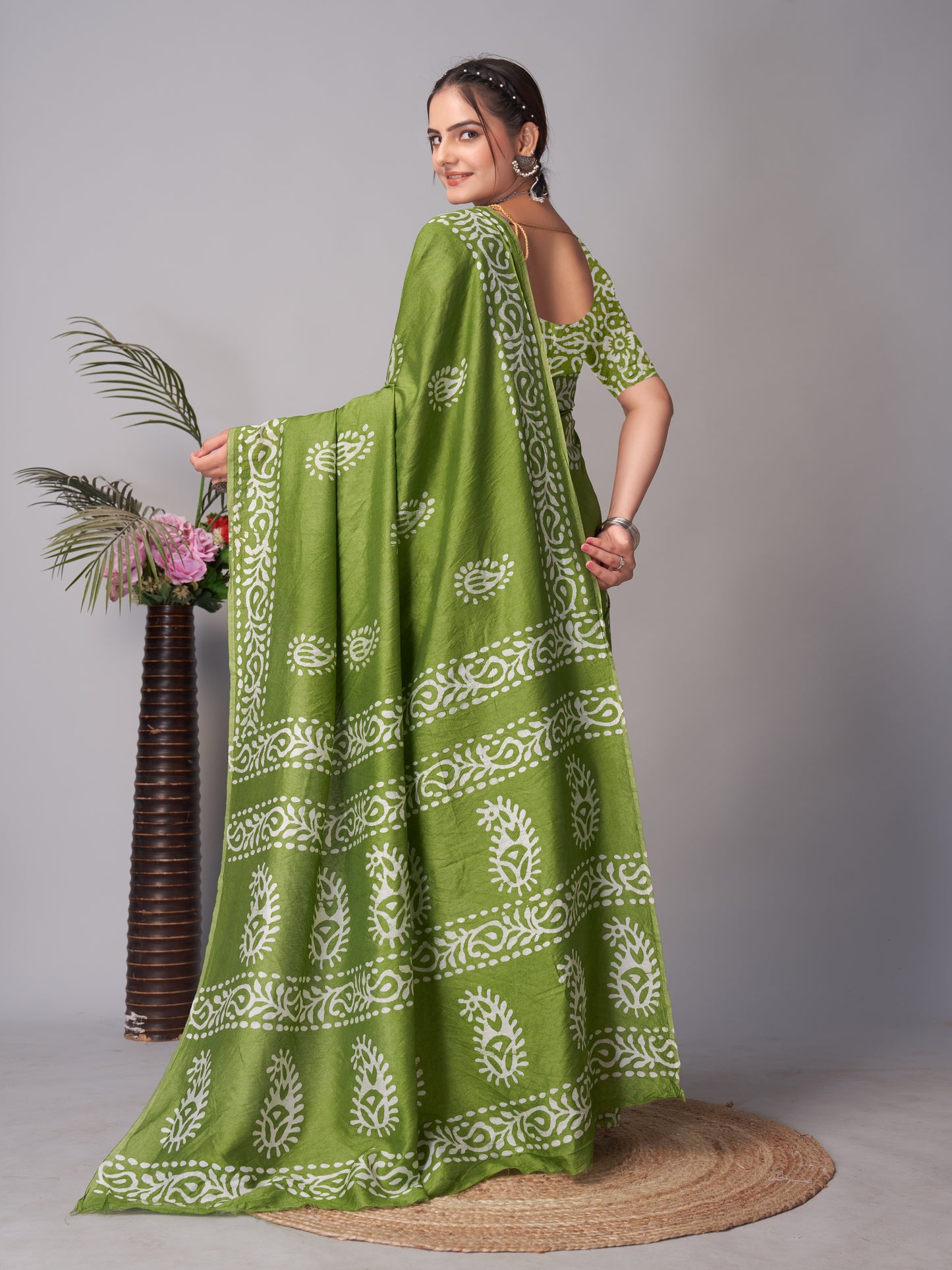 Saree – Soft Cotton Batik Print Mango Green - B4