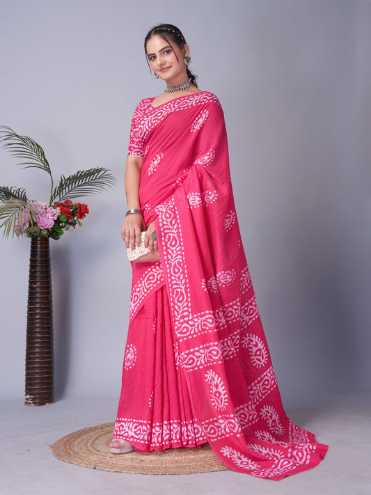 Saree – Soft Cotton Batik Print Mango Pink - B1