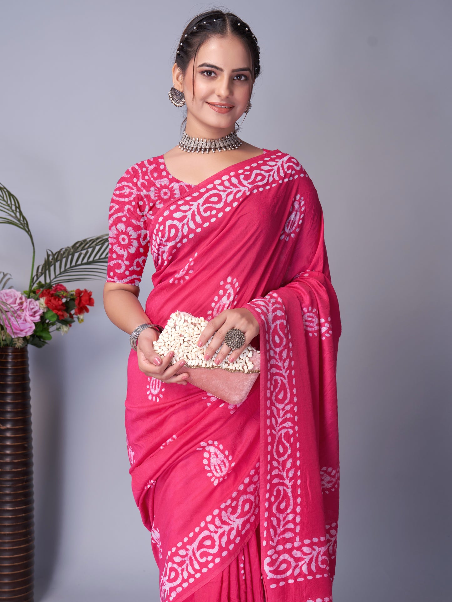 Saree – Soft Cotton Batik Print Mango Pink - B1