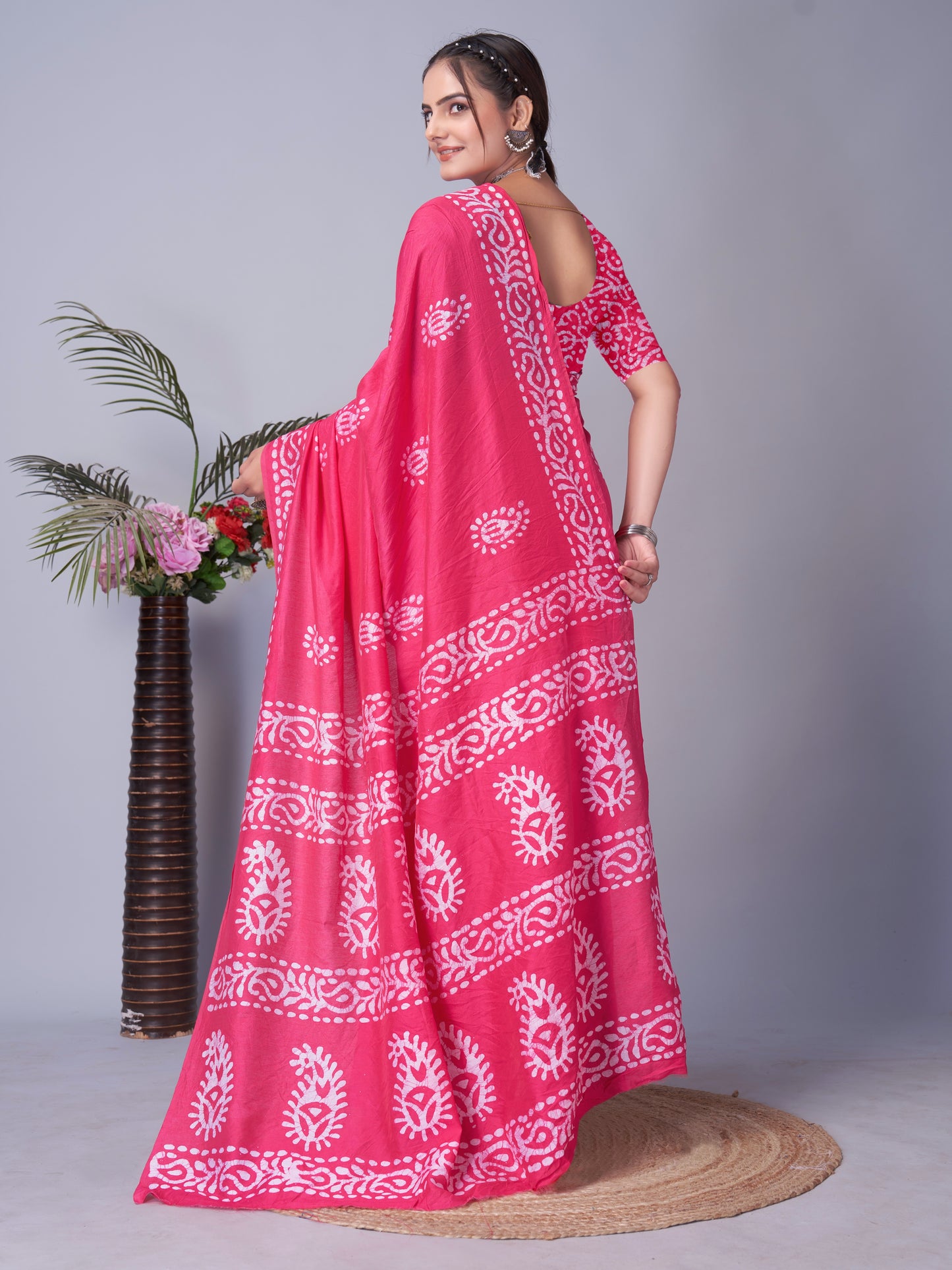 Saree – Soft Cotton Batik Print Mango Pink - B1