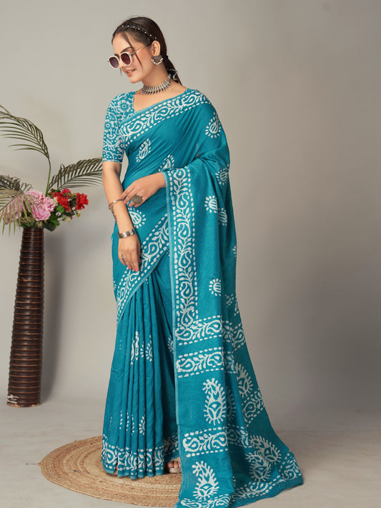 Saree – Soft Cotton Batik Print Mango Rama - B2