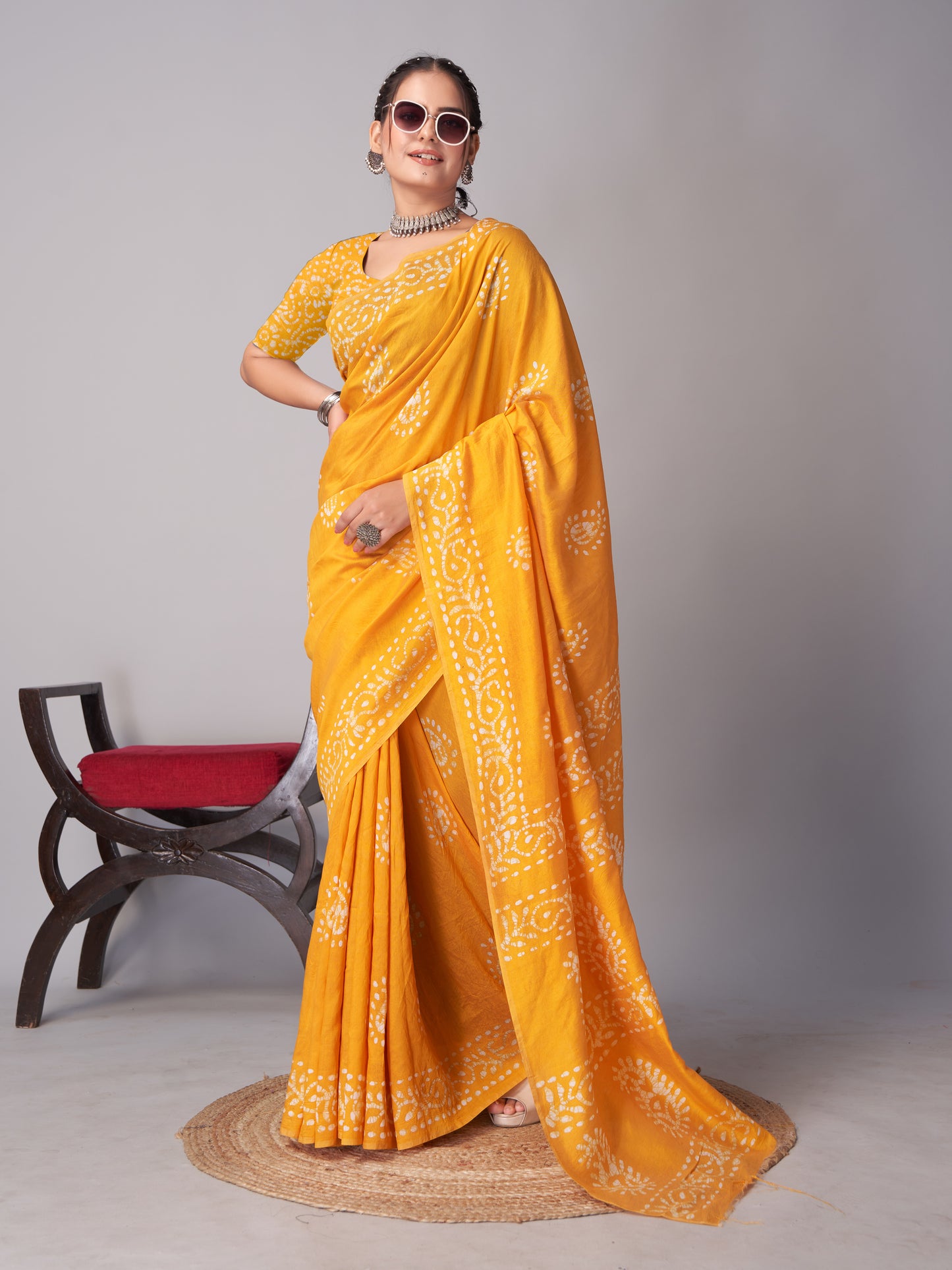 Saree – Soft Cotton Batik Print Mango Yellow - B3