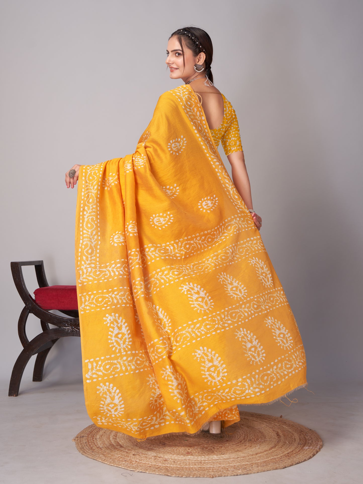 Saree – Soft Cotton Batik Print Mango Yellow - B3