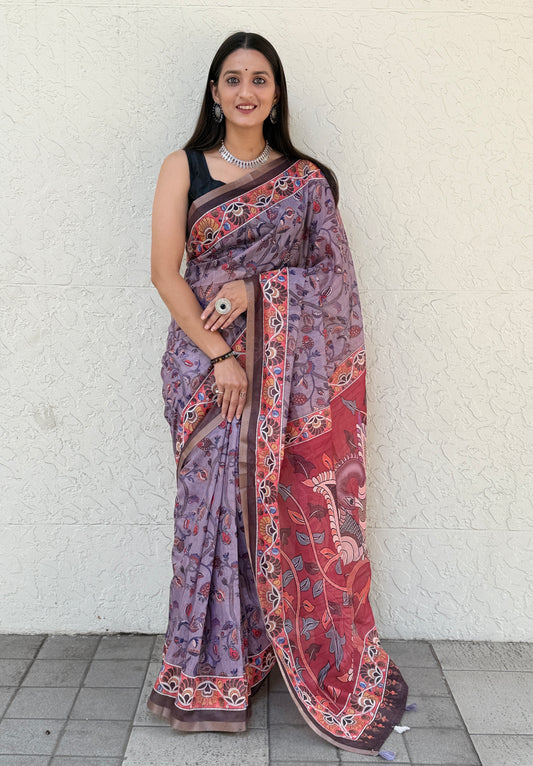 Saree – Soft Cotton Slub Print Light Purple - D1