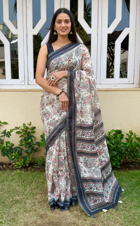 Saree – Soft Cotton Slub Print Off White - D2