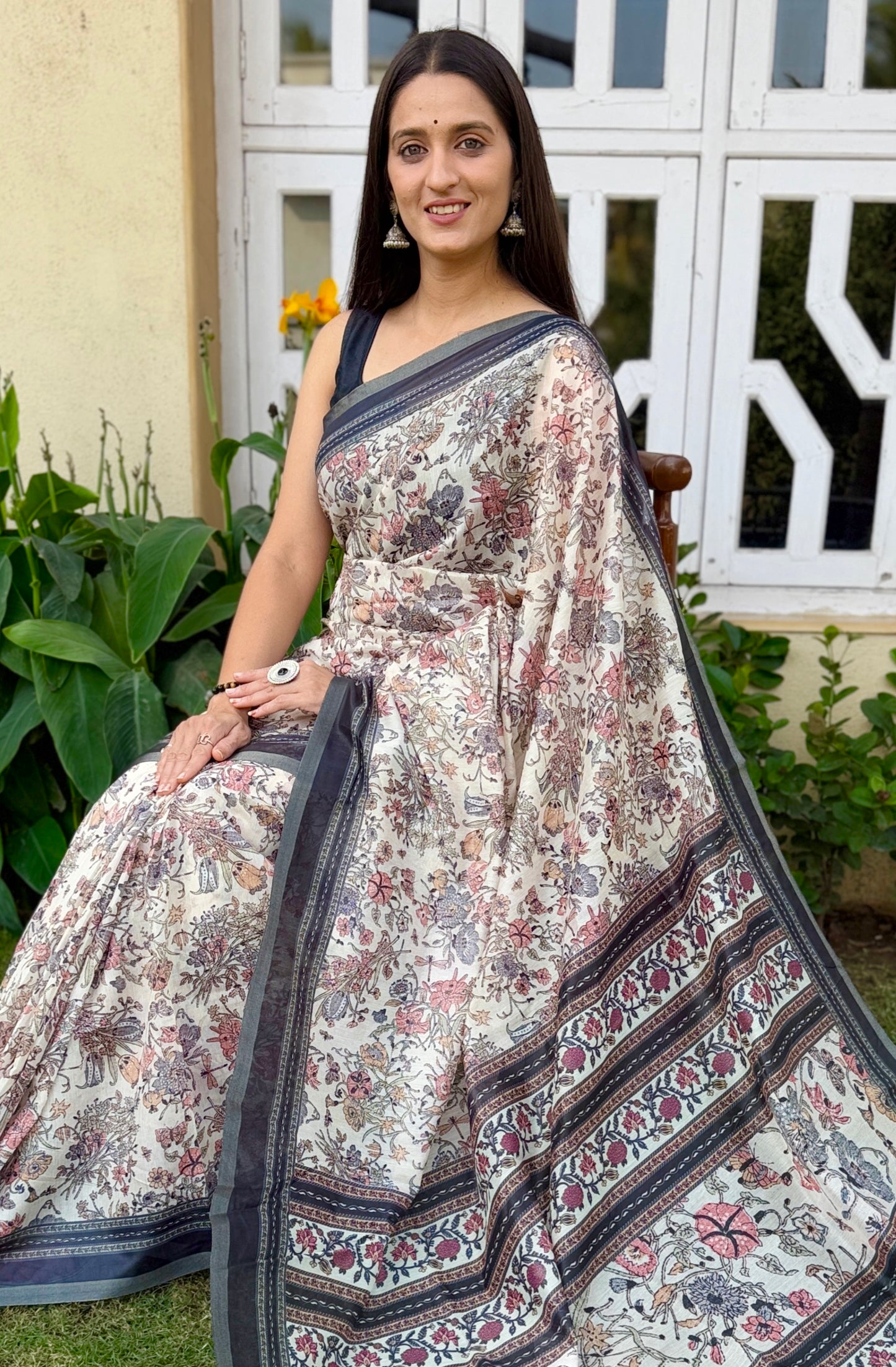 Saree – Soft Cotton Slub Print Off White - D2