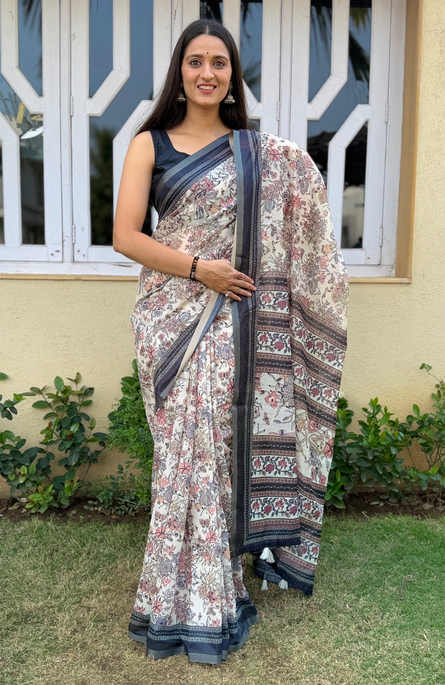 Saree – Soft Cotton Slub Print Off White - D2