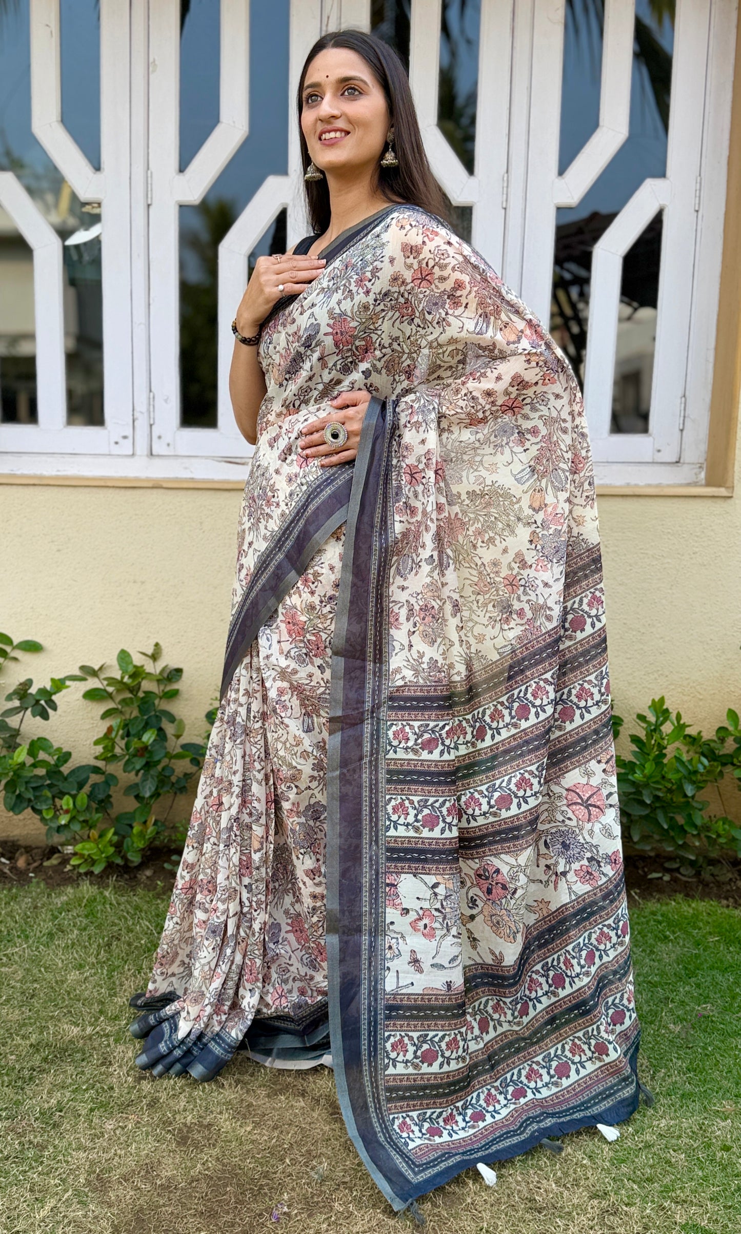 Saree – Soft Cotton Slub Print Off White - D2