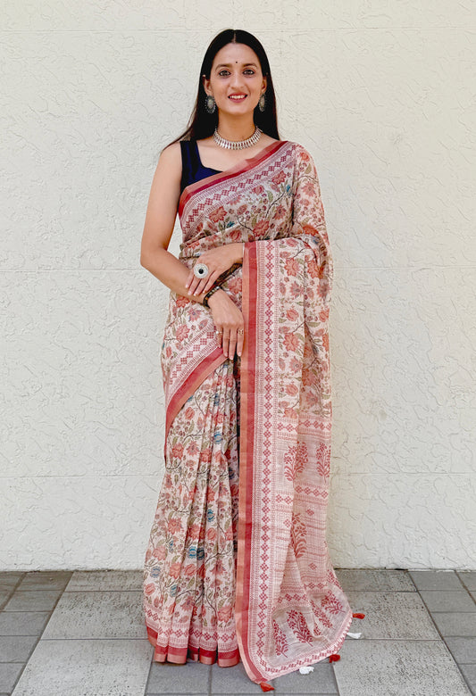 Saree – Soft Cotton Slub Print Red Floral - D3