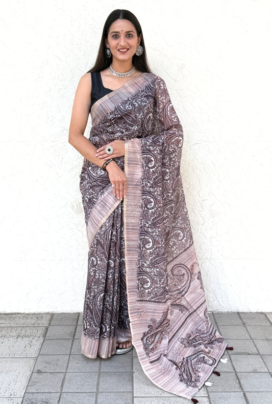 Saree – Soft Cotton Slub Print Chocolate Wine - D4