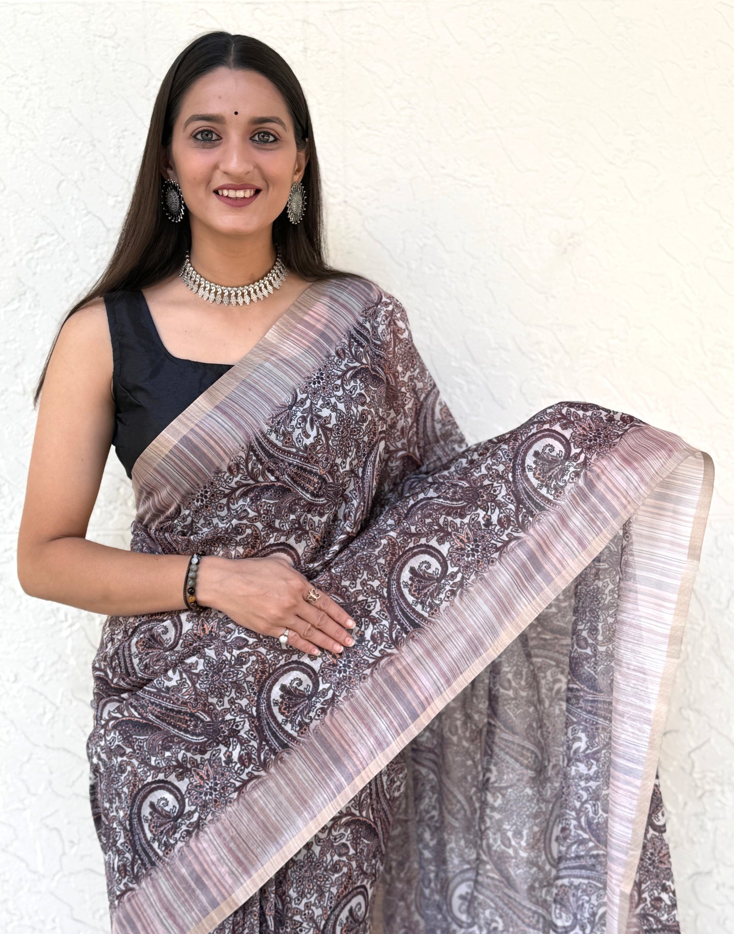 Saree – Soft Cotton Slub Print Chocolate Wine - D4