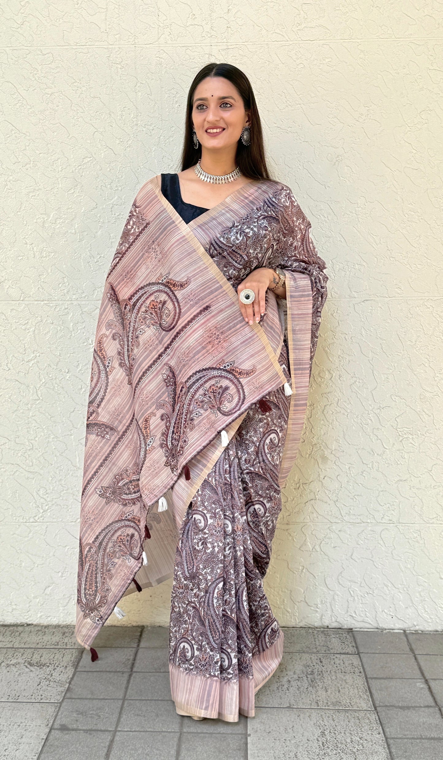 Saree – Soft Cotton Slub Print Chocolate Wine - D4