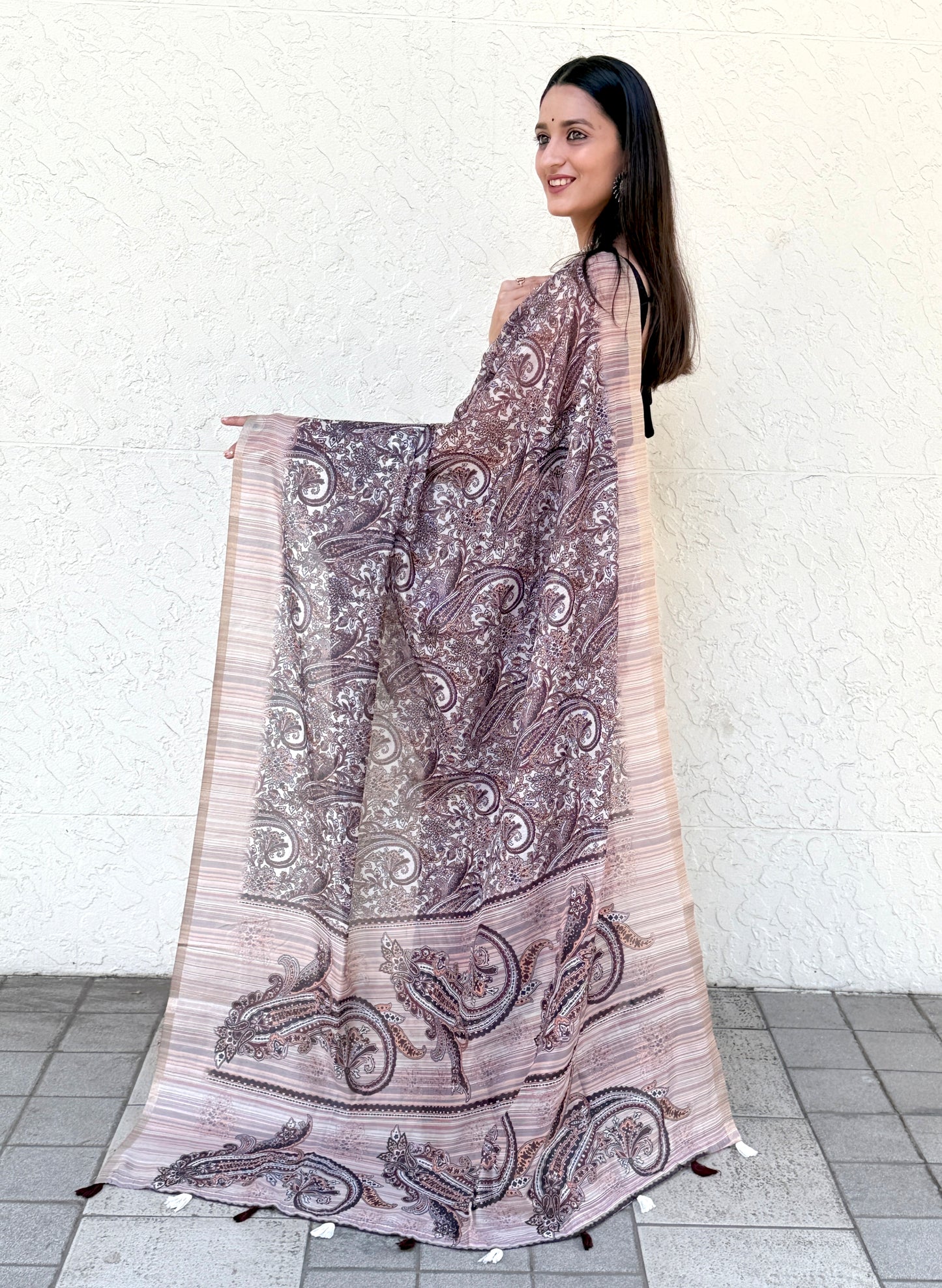 Saree – Soft Cotton Slub Print Chocolate Wine - D4