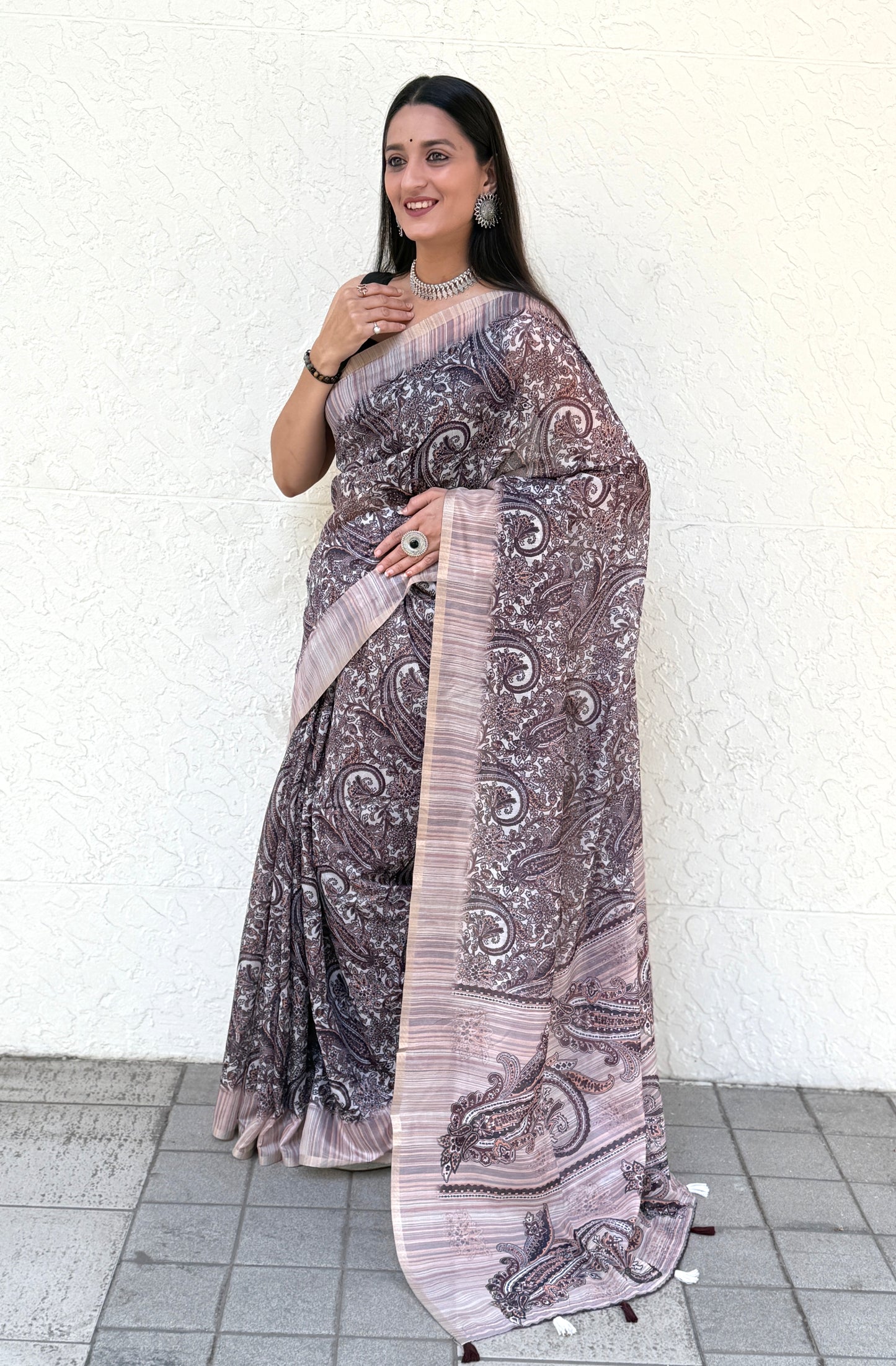 Saree – Soft Cotton Slub Print Chocolate Wine - D4