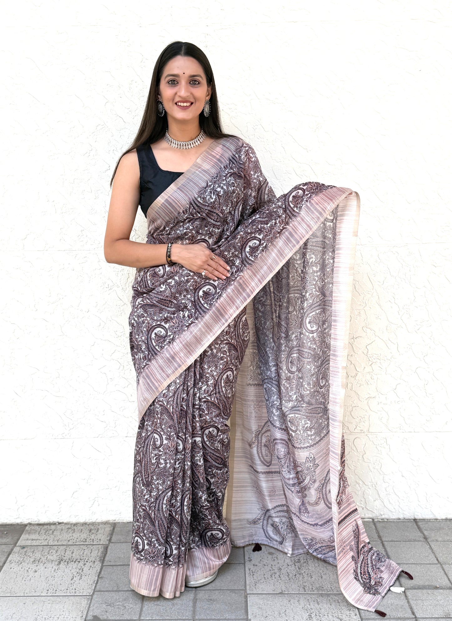 Saree – Soft Cotton Slub Print Chocolate Wine - D4