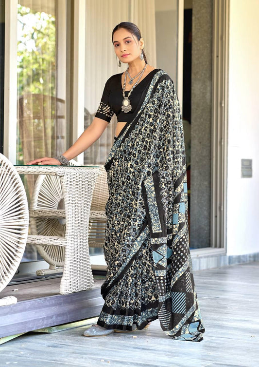Saree – Soft Cotton Mal Mal Black - D1
