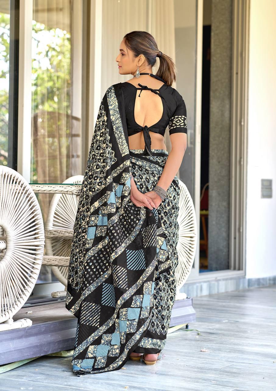 Saree – Soft Cotton Mal Mal Black - D1
