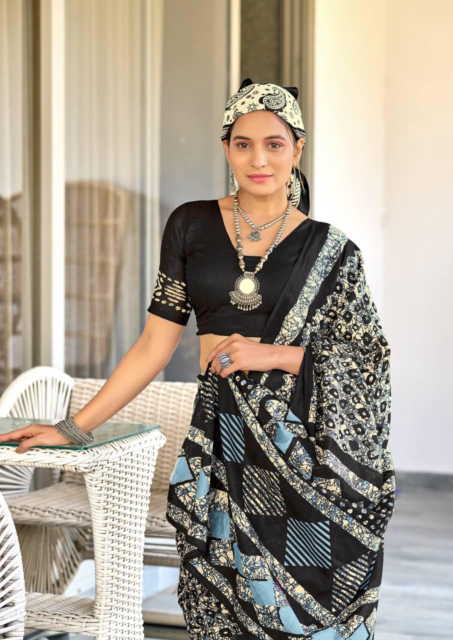 Saree – Soft Cotton Mal Mal Black - D1