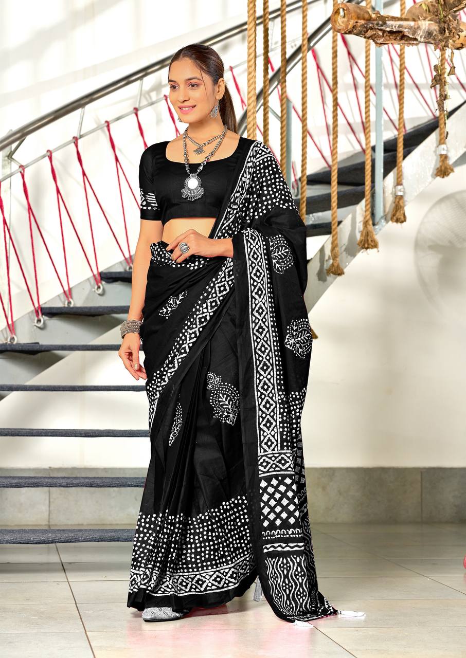 Saree – Soft Cotton Mal Mal Black – D2