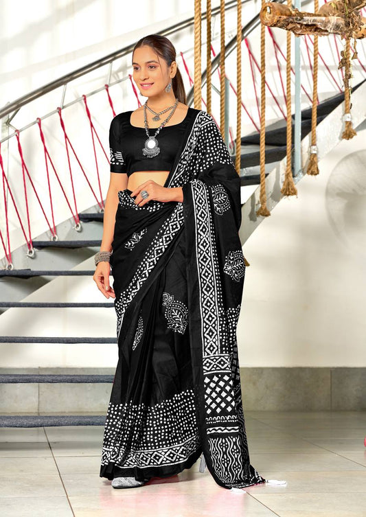Saree – Soft Cotton Mal Mal Black – D2