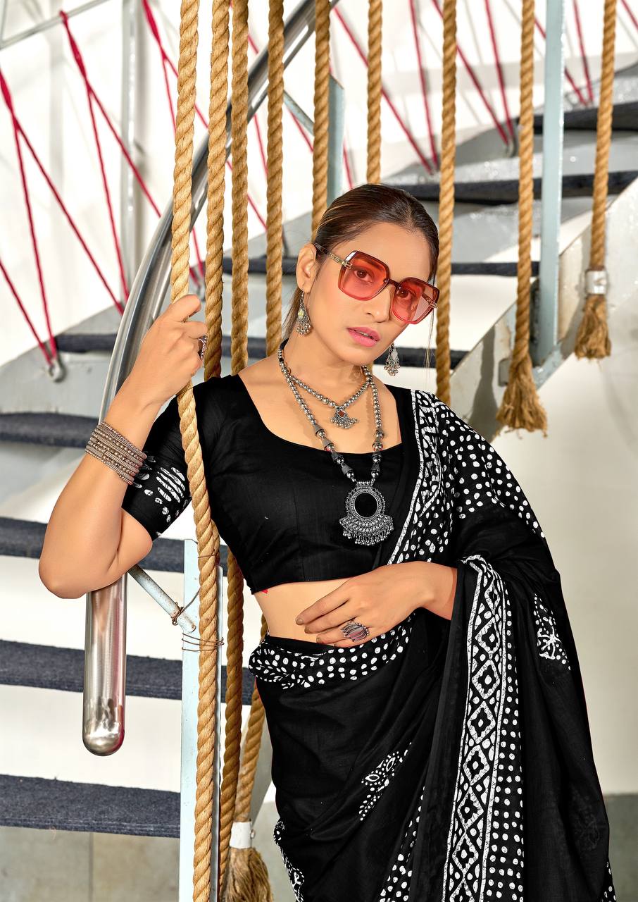 Saree – Soft Cotton Mal Mal Black – D2