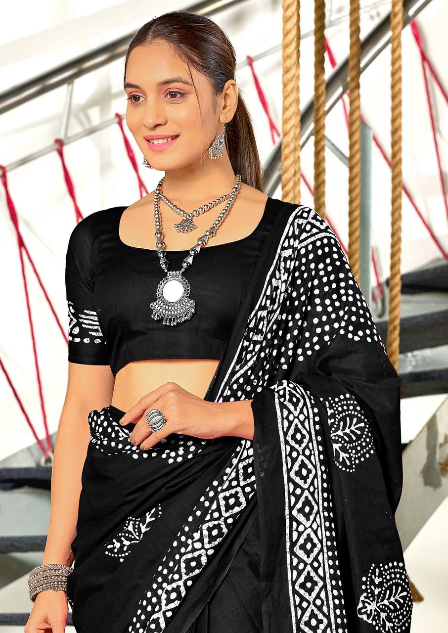 Saree – Soft Cotton Mal Mal Black – D2