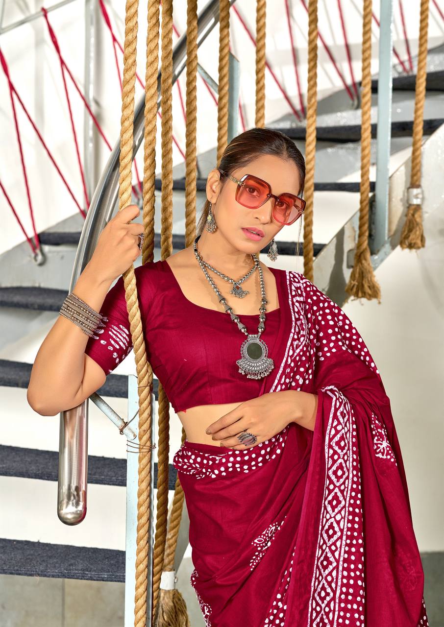Saree – Soft Cotton Mal Mal Maroon – D2