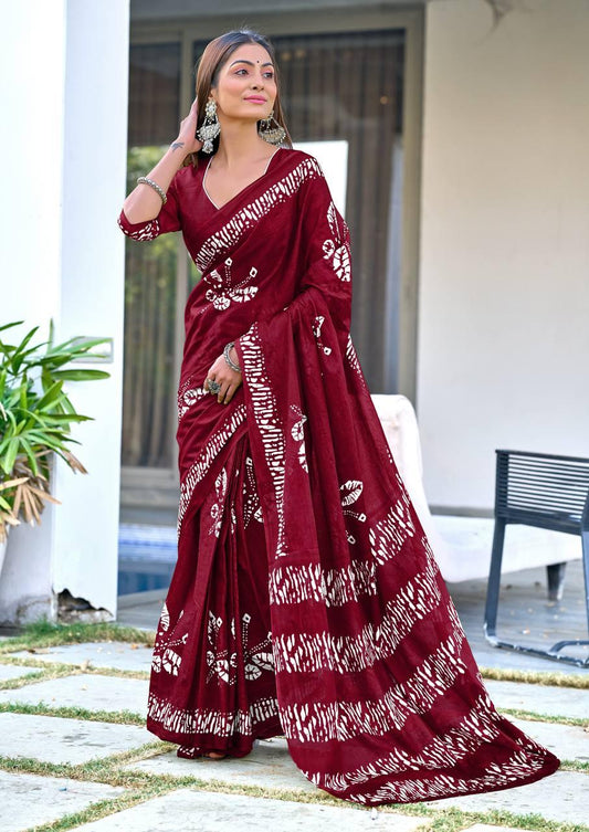 Saree – Soft Cotton Mal Mal Maroon – D3