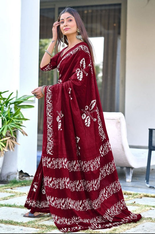 Saree – Soft Cotton Mal Mal Maroon – D3