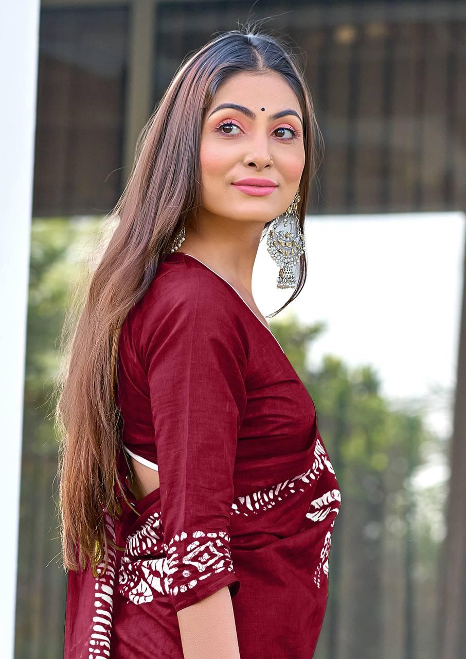 Saree – Soft Cotton Mal Mal Maroon – D3