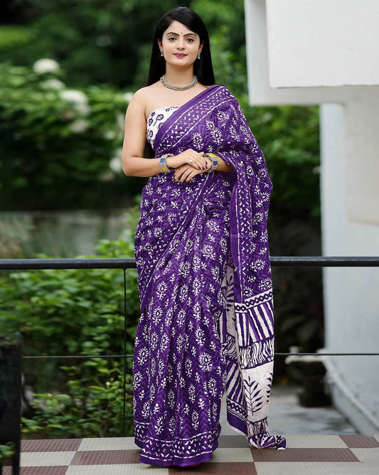 Saree – Soft Cotton Mal Mal Purple – D6