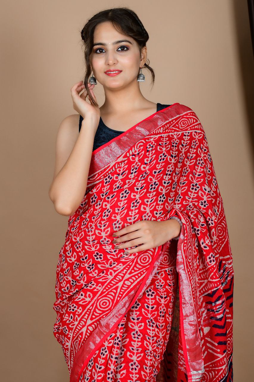 Saree – Soft Cotton Premium Linen Zari Red – L1