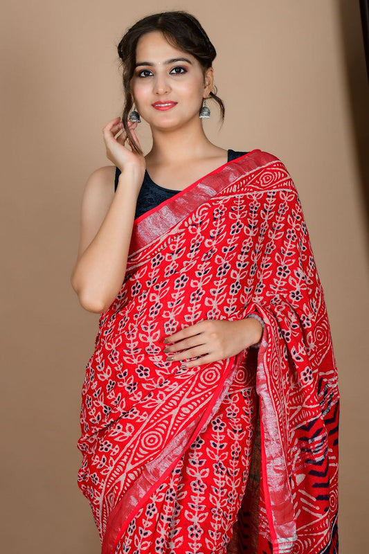 Saree – Soft Cotton Premium Linen Zari Red – L1