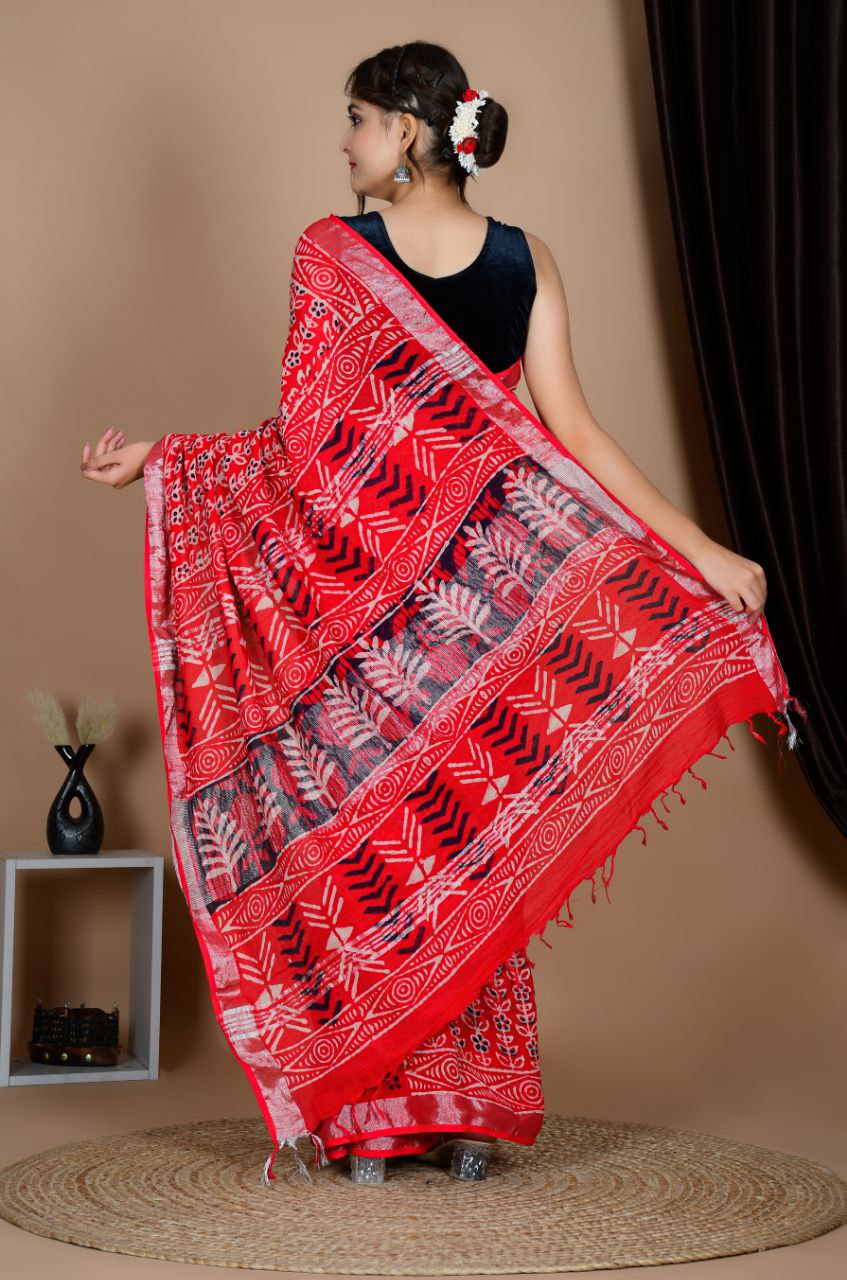 Saree – Soft Cotton Premium Linen Zari Red – L1